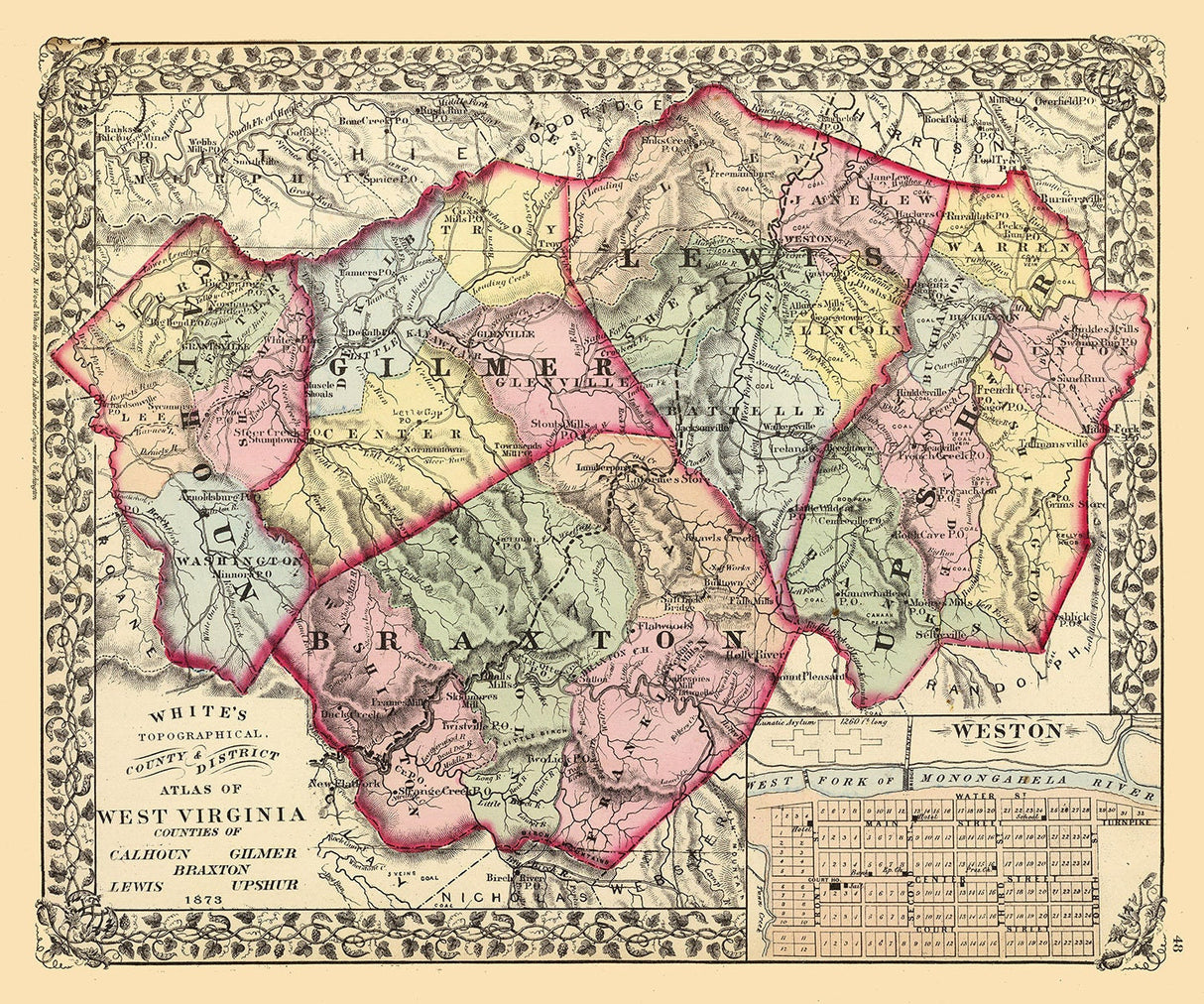 1873 Map of Calhoun Gilmer Braxton Lewis and Upshur County West Virginia