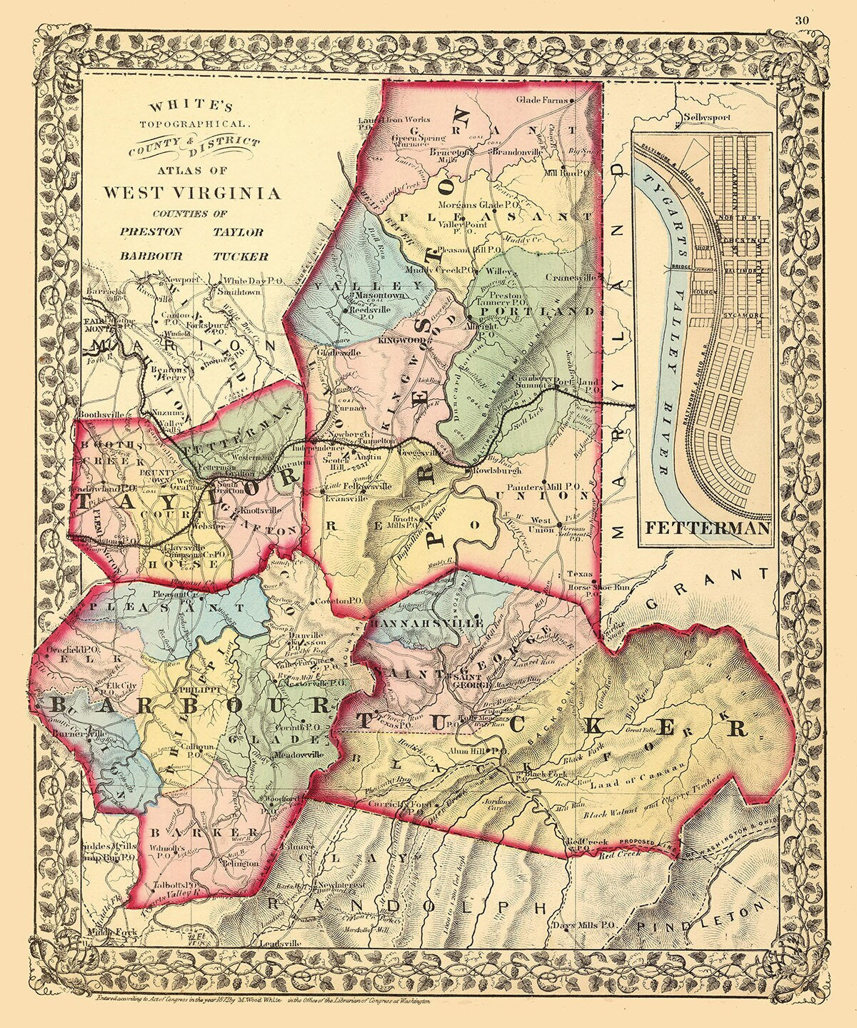 1873 Map of Preston Taylor Barbour and Tucker County West Virginia