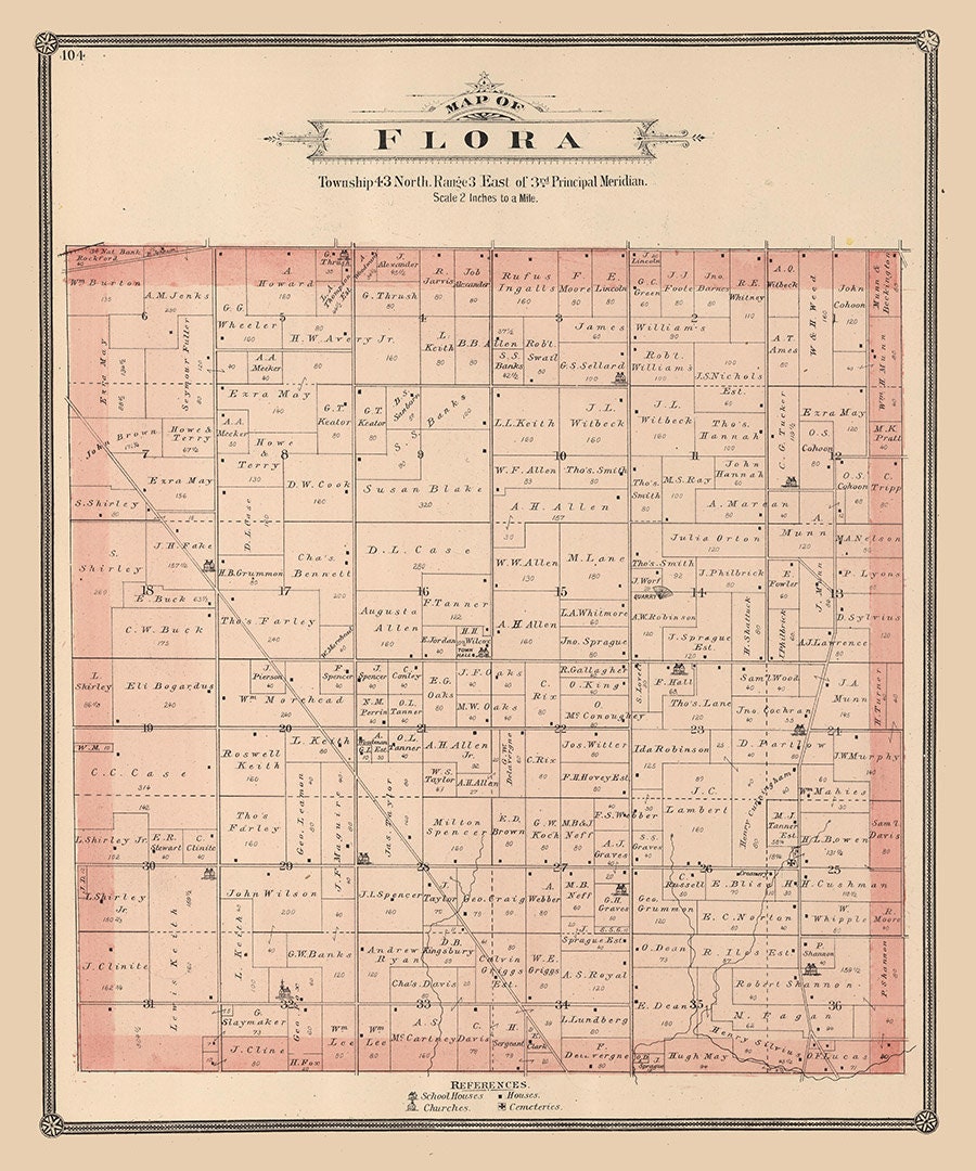 1886 Map of Flora Township Boone County Illinois
