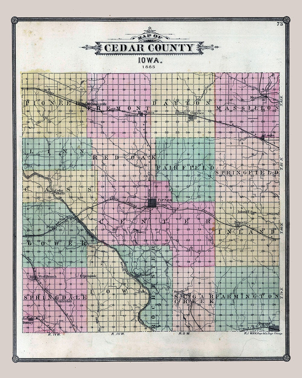 1885 Map of Cedar County Iowa