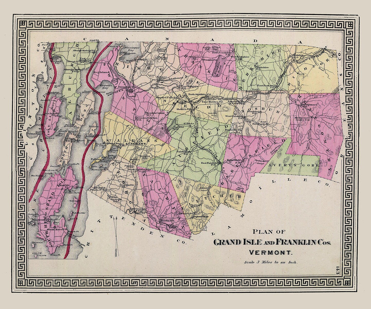 1876 Map of Grand Isle and Franklin County Vermont