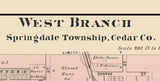 1885 Town Map of West Branch Cedar County Iowa