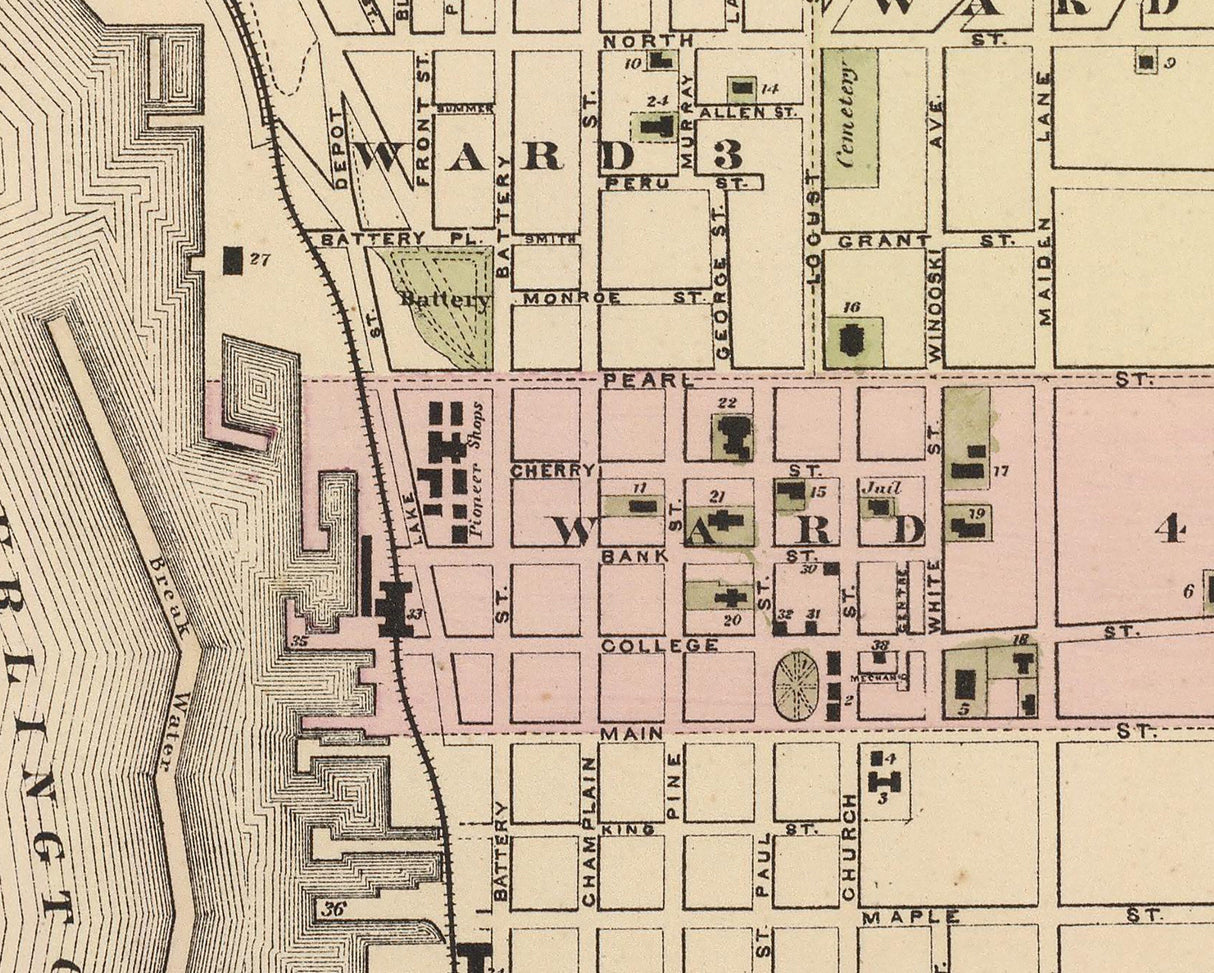 1876 Town Map of Burlington Vermont