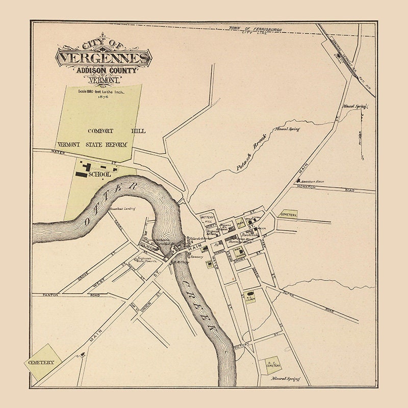 1876 Town Map of Vergennes Addison County Vermont