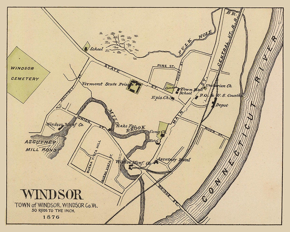1876 Town Map of Windsor Vermont