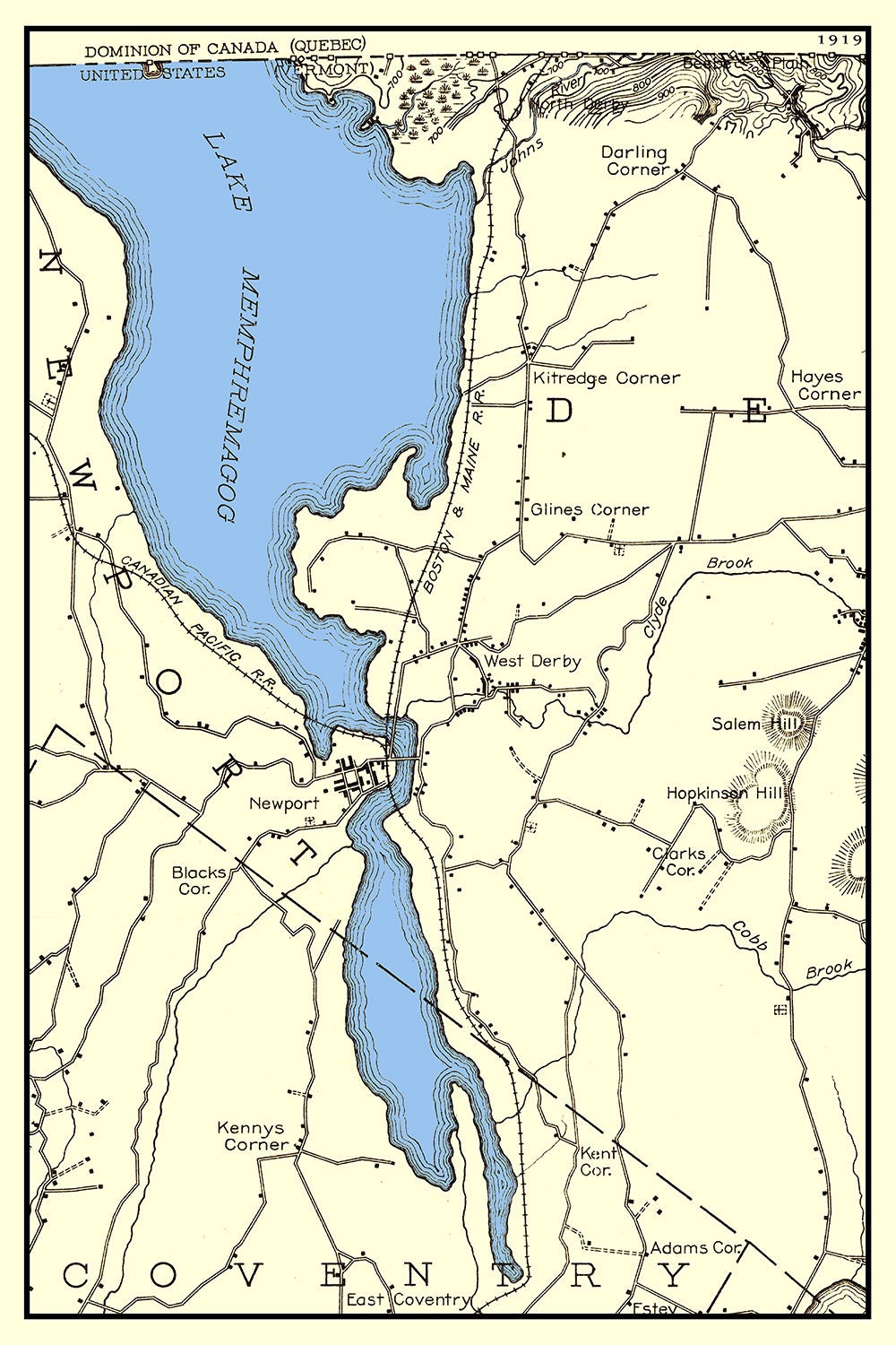 1919 Map of Newport Vermont Lake Memphremagog