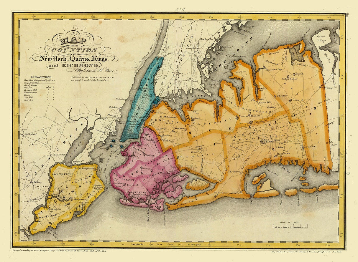 1829 Map of New York Queens Kings and Richmond County New York