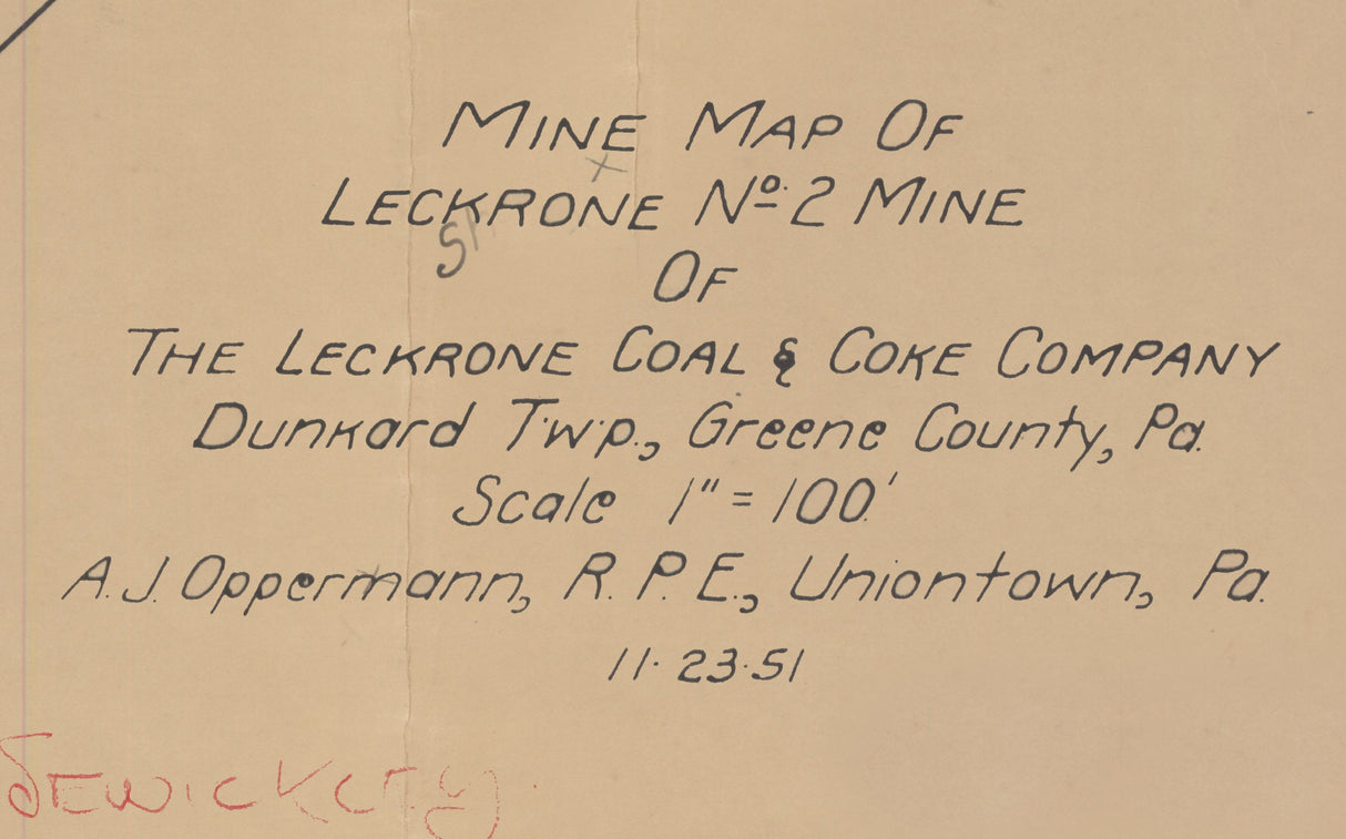 1951 Map of Leckrone 2 Mine Dunkard Township Greene County Pennsylvania