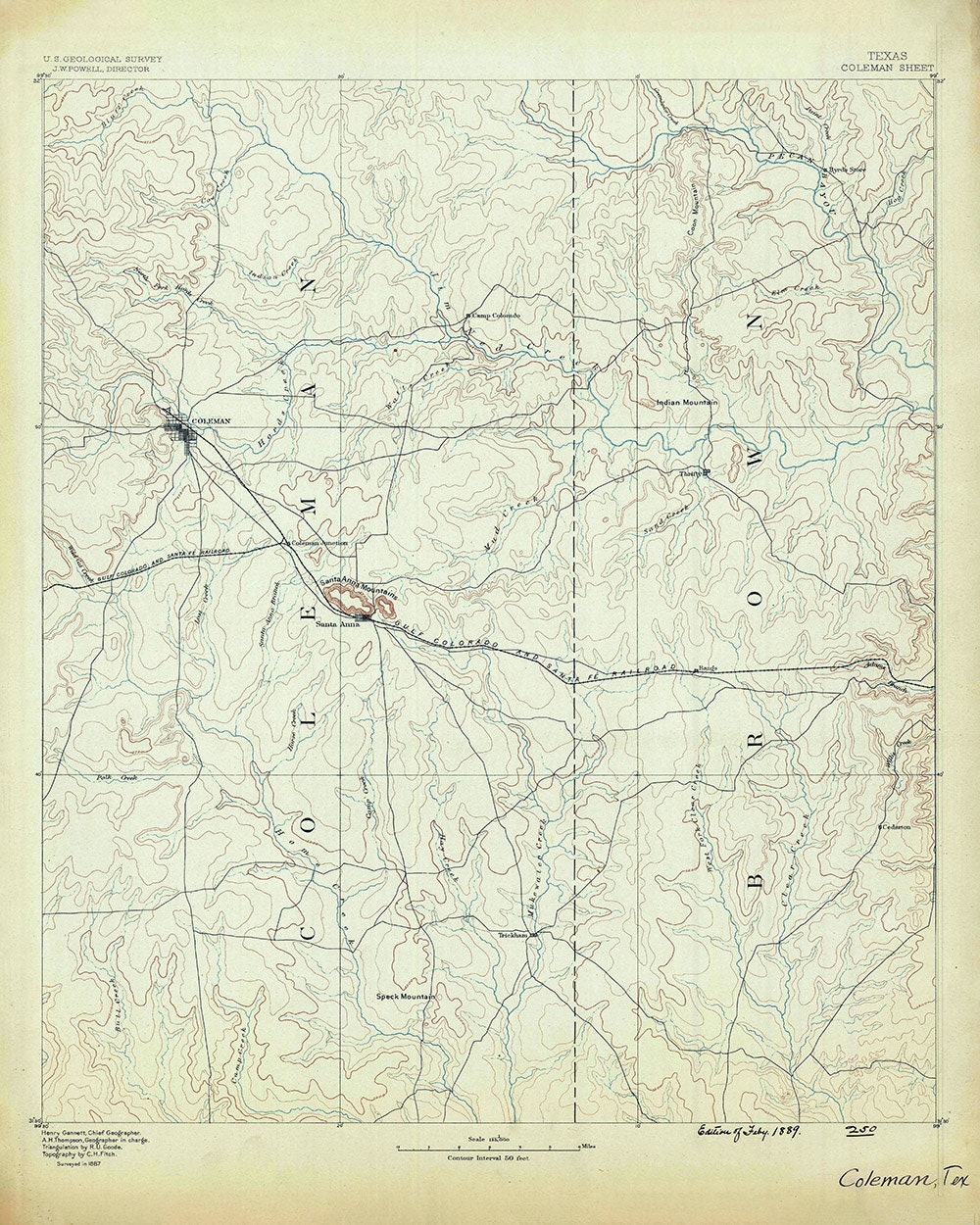 1889 Topo Map of Coleman Texas Lake Brownwood
