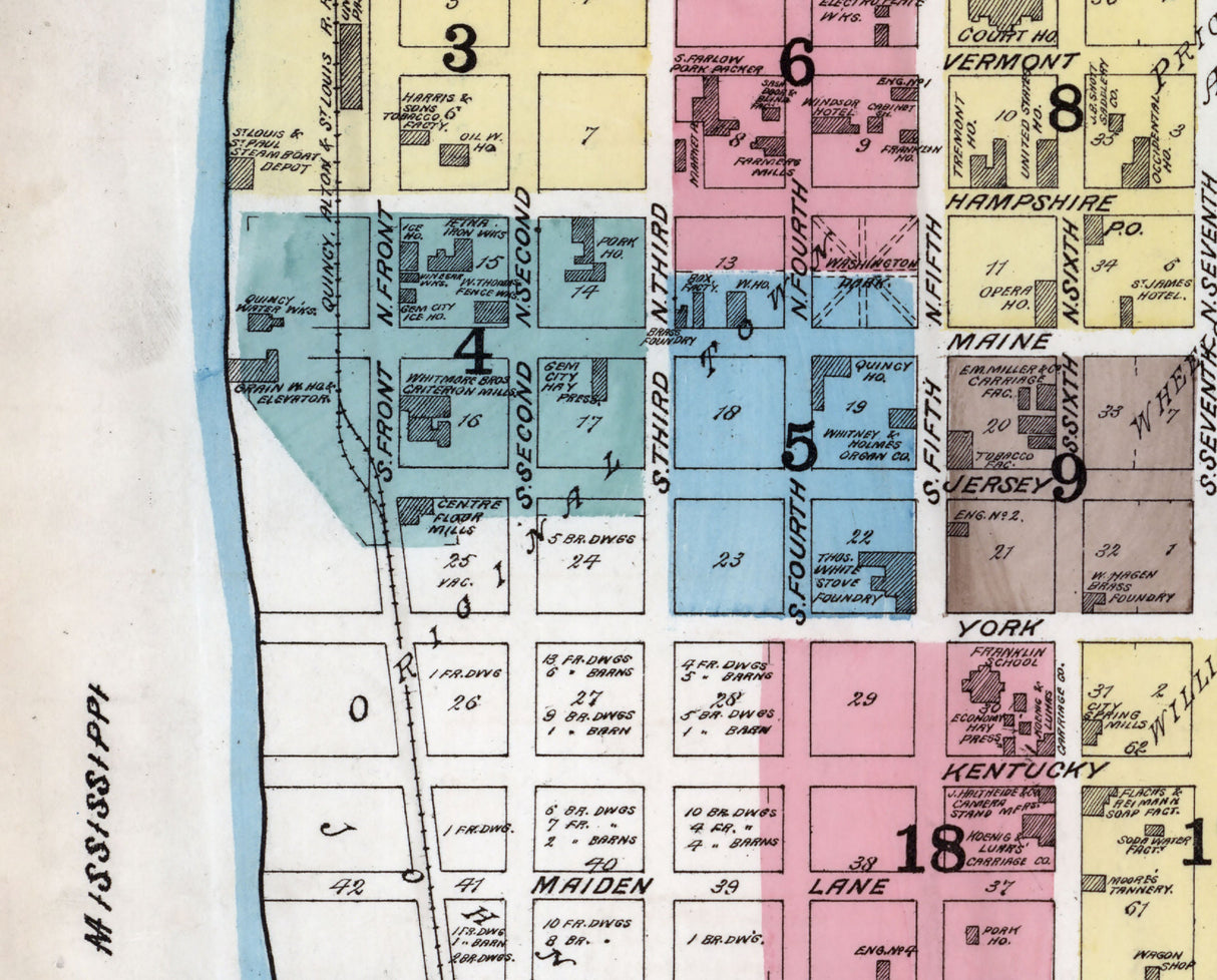 1883 Town Map of Quincy Illinois Mississippi River