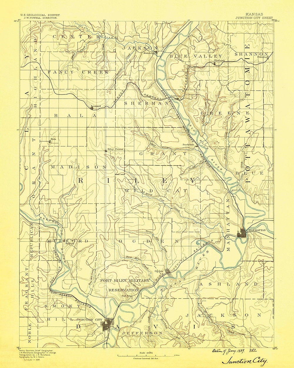 1889 Topo Map of Junction City Kansas