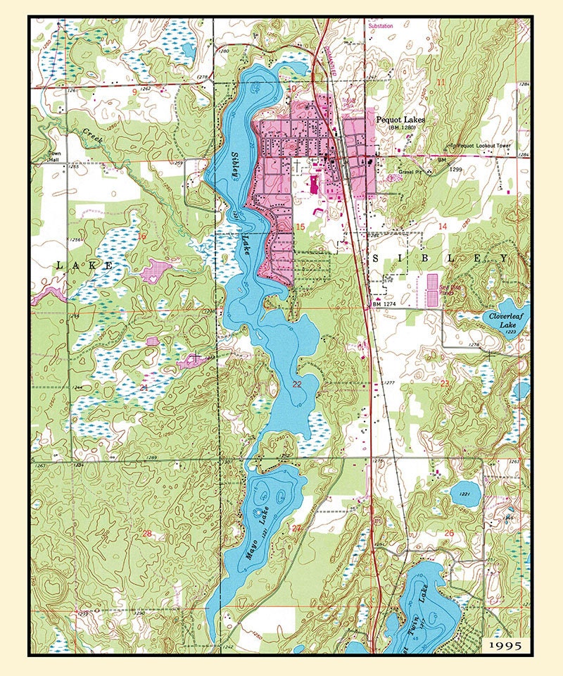 1995 Map of Sibley Lake Minnesota Pequot Lakes