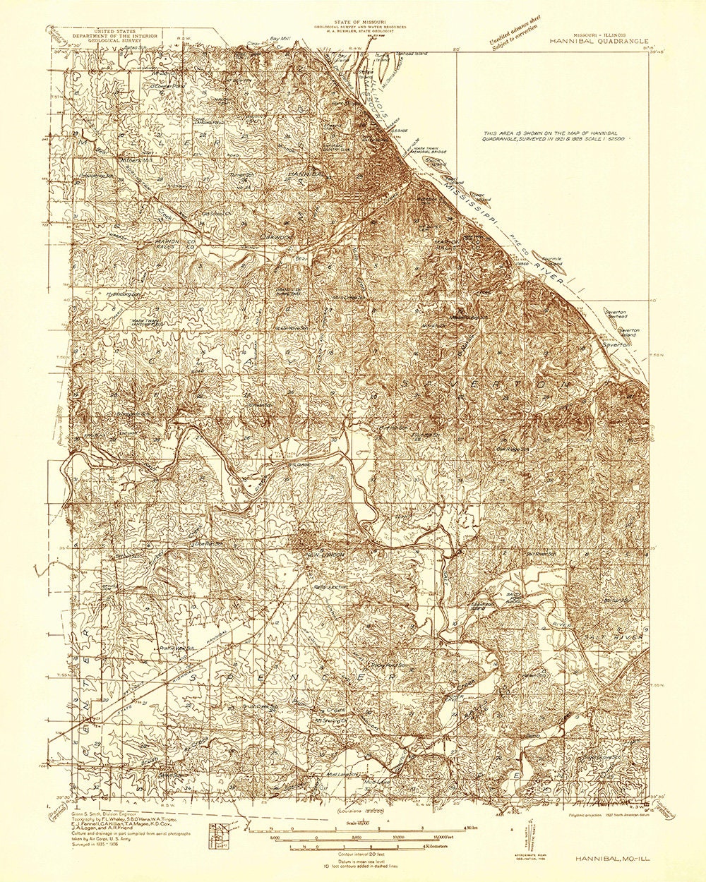 1936 Topo Map of Hannibal Missouri