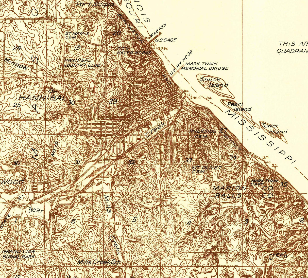 1936 Topo Map of Hannibal Missouri