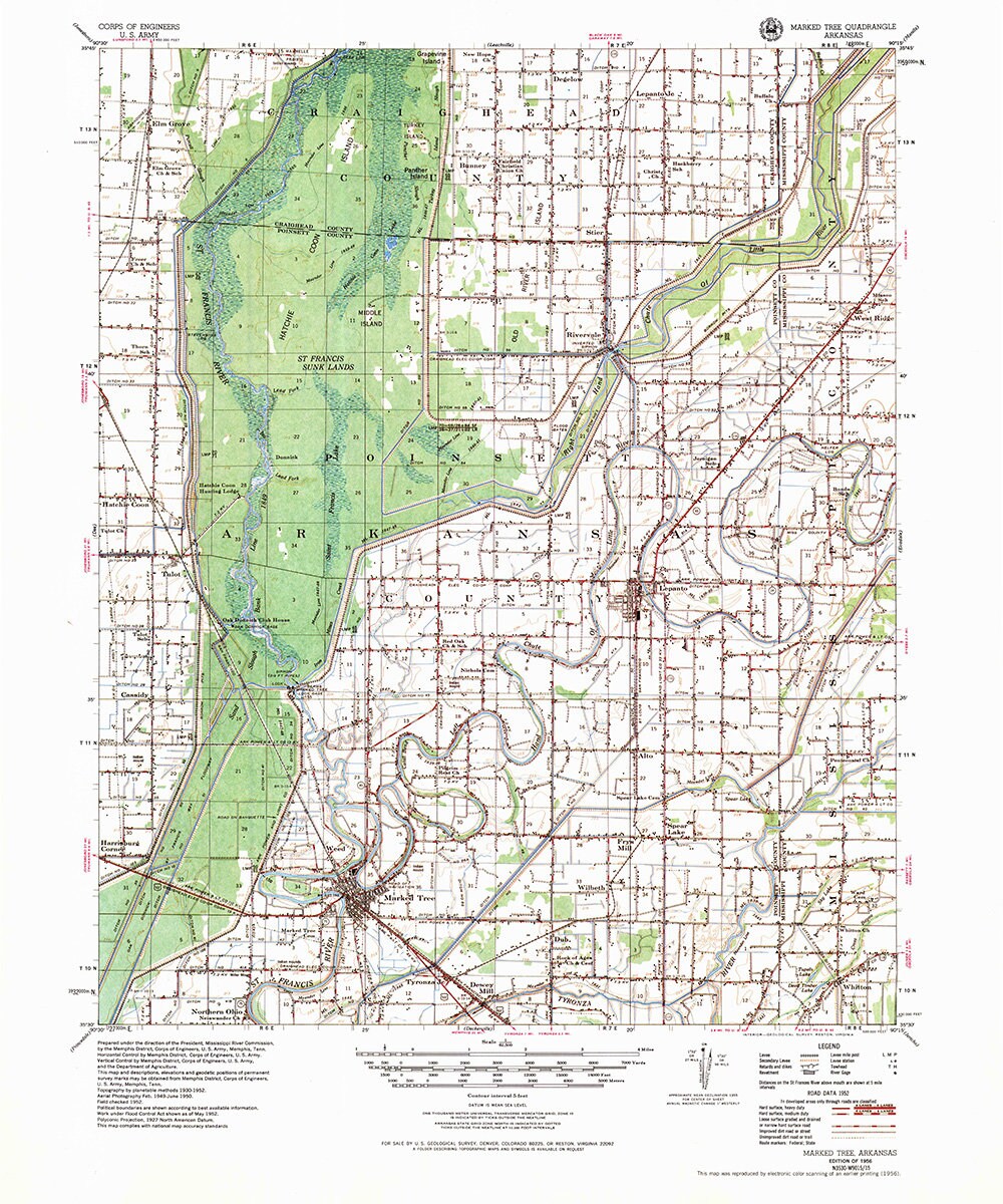 1956 Topo Map of Marked Tree Arkansas St Francis Sunk Lands