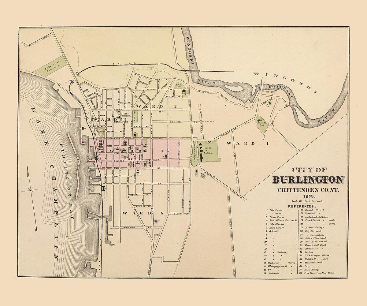 1876 Town Map of Burlington Vermont