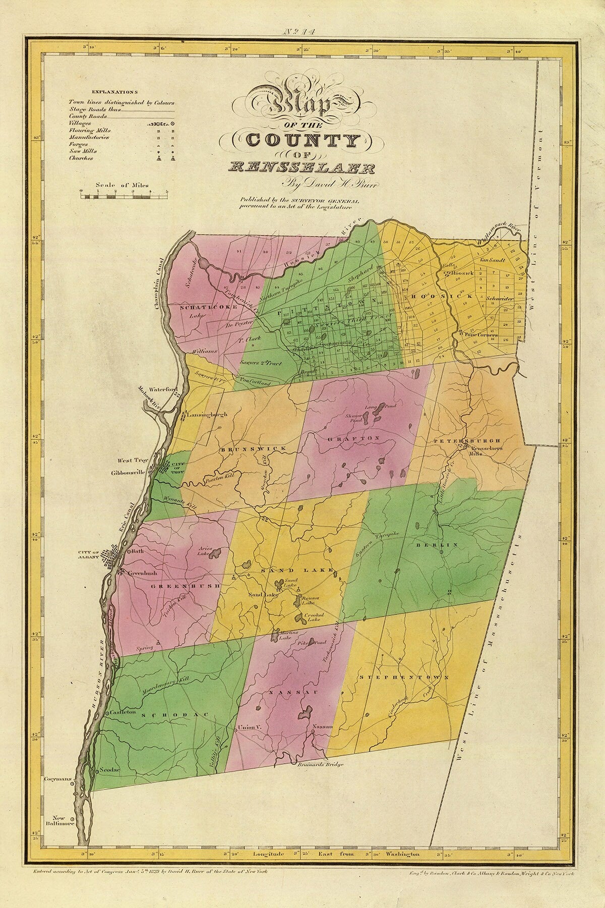 1829 Map of Rensselaer County New York