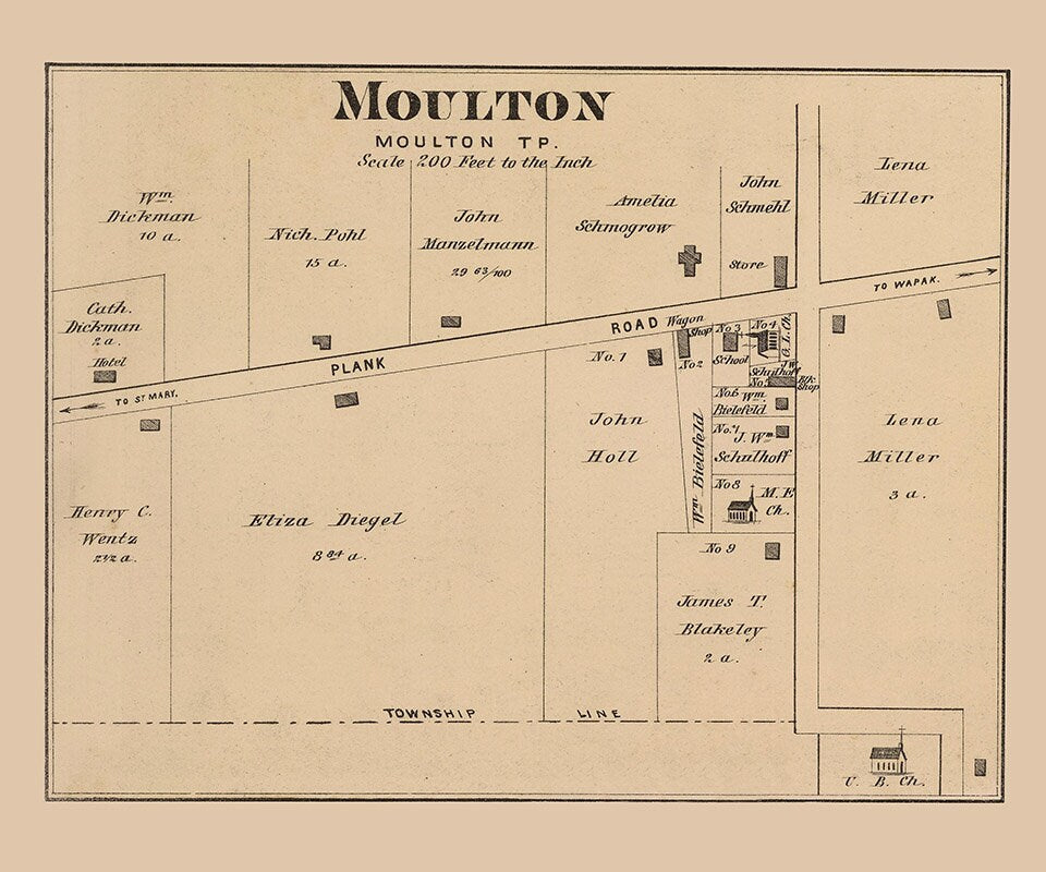 1880 Town Map of Moulton Auglaize County Ohio