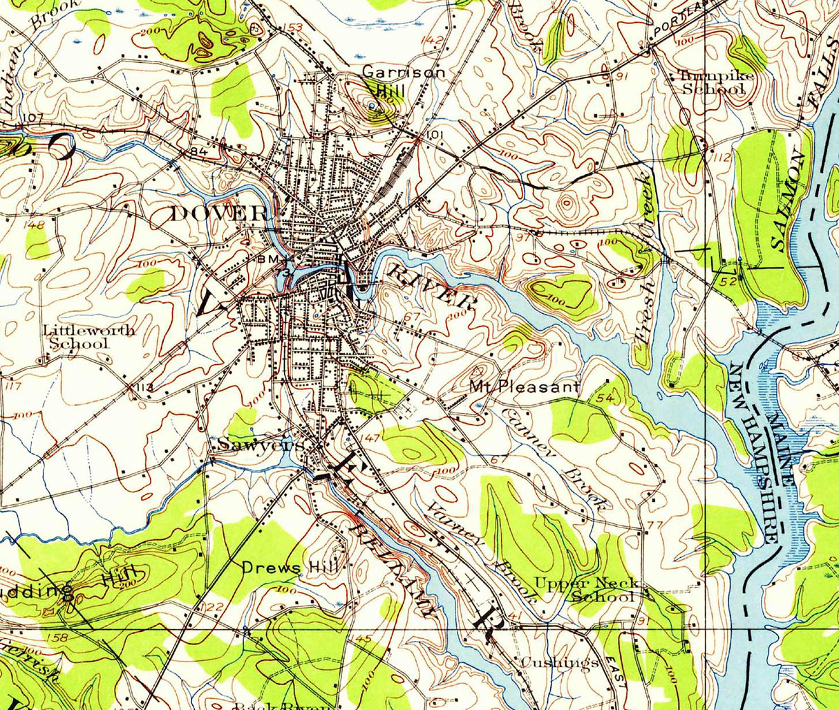 1916 Topo Map of Dover New Hampshire & Maine Quadrangle