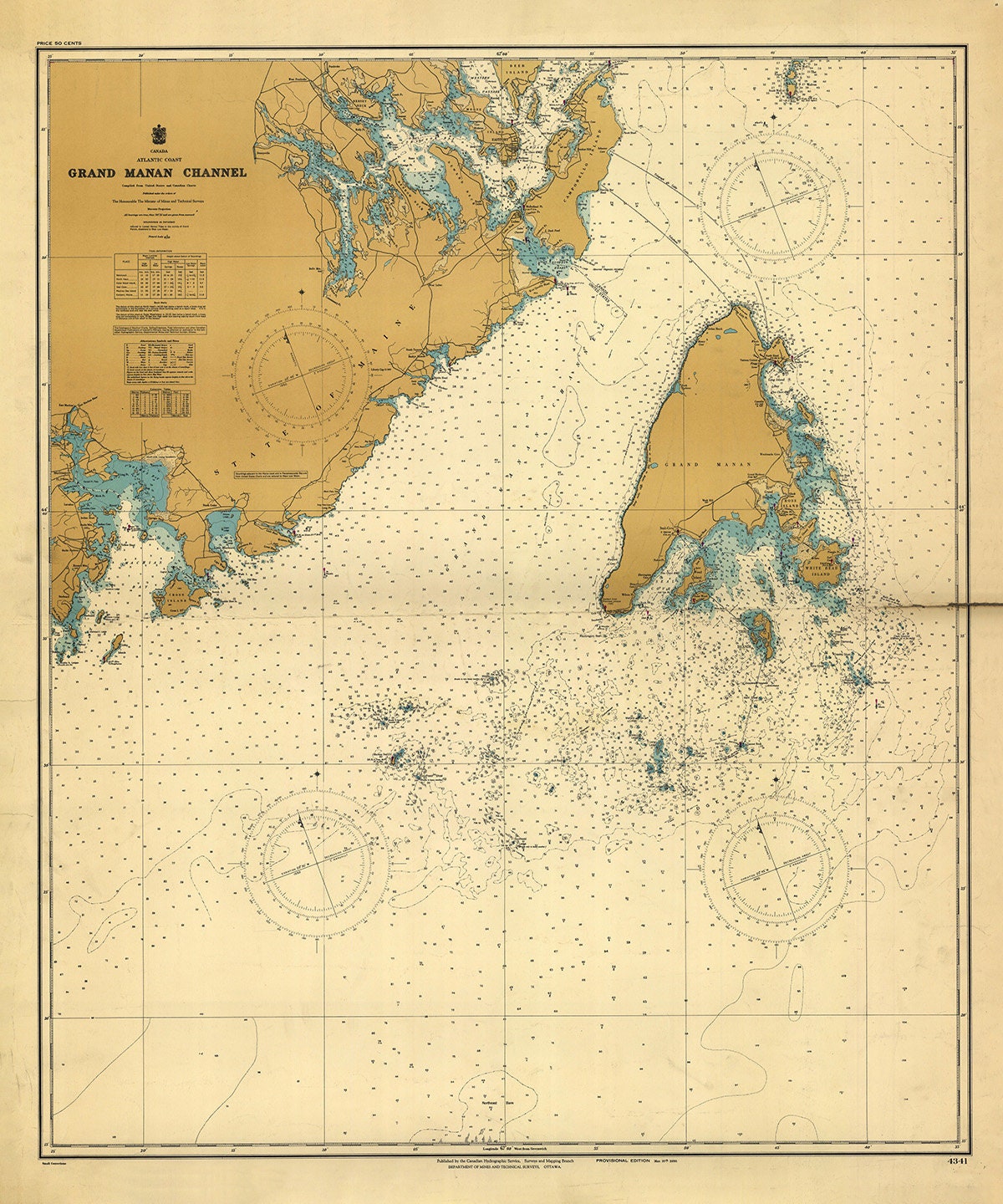 1950 Nautical Chart of Grand Manan Channel Maine