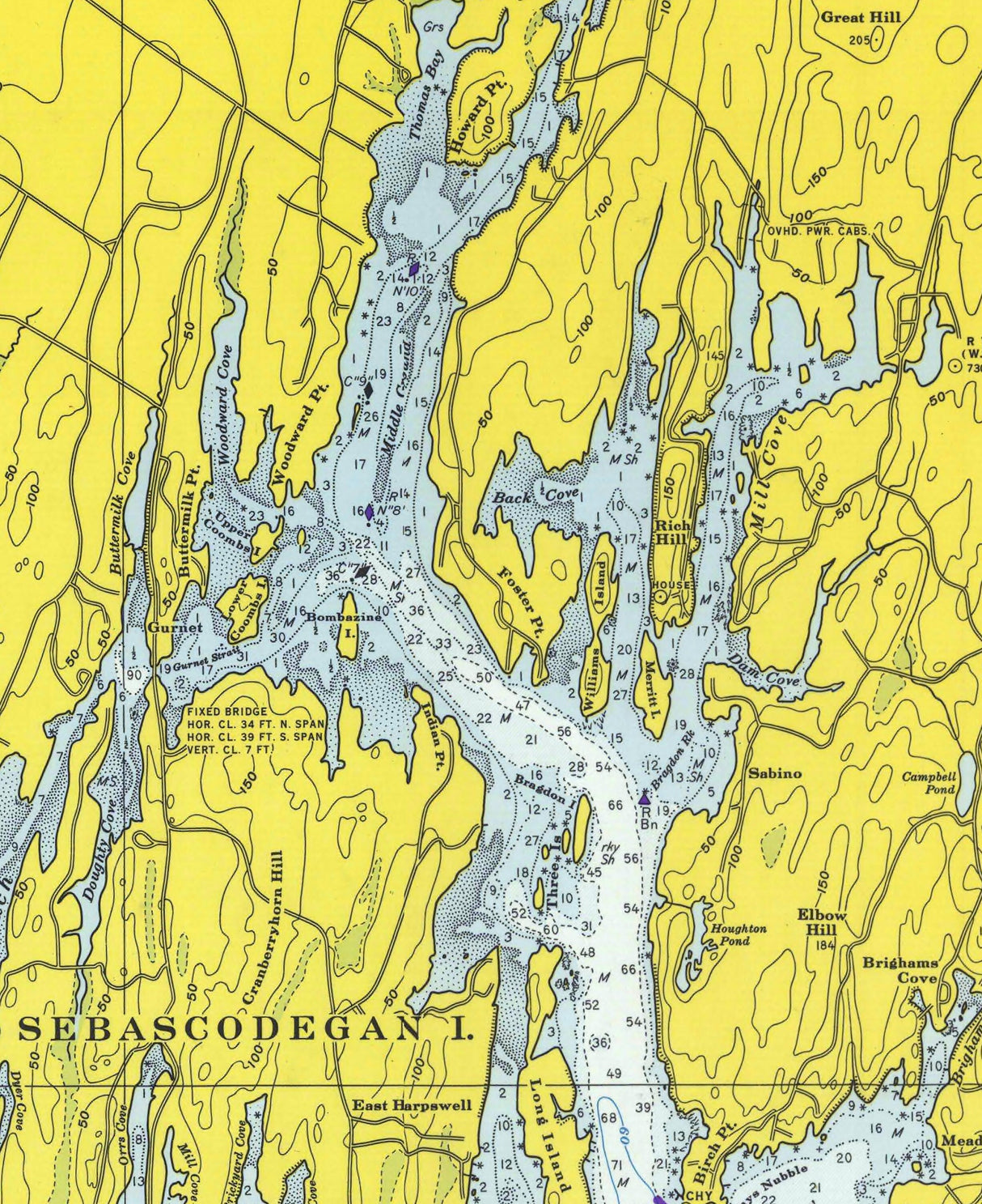 1971 Nautical Chart of Casco Bay Maine