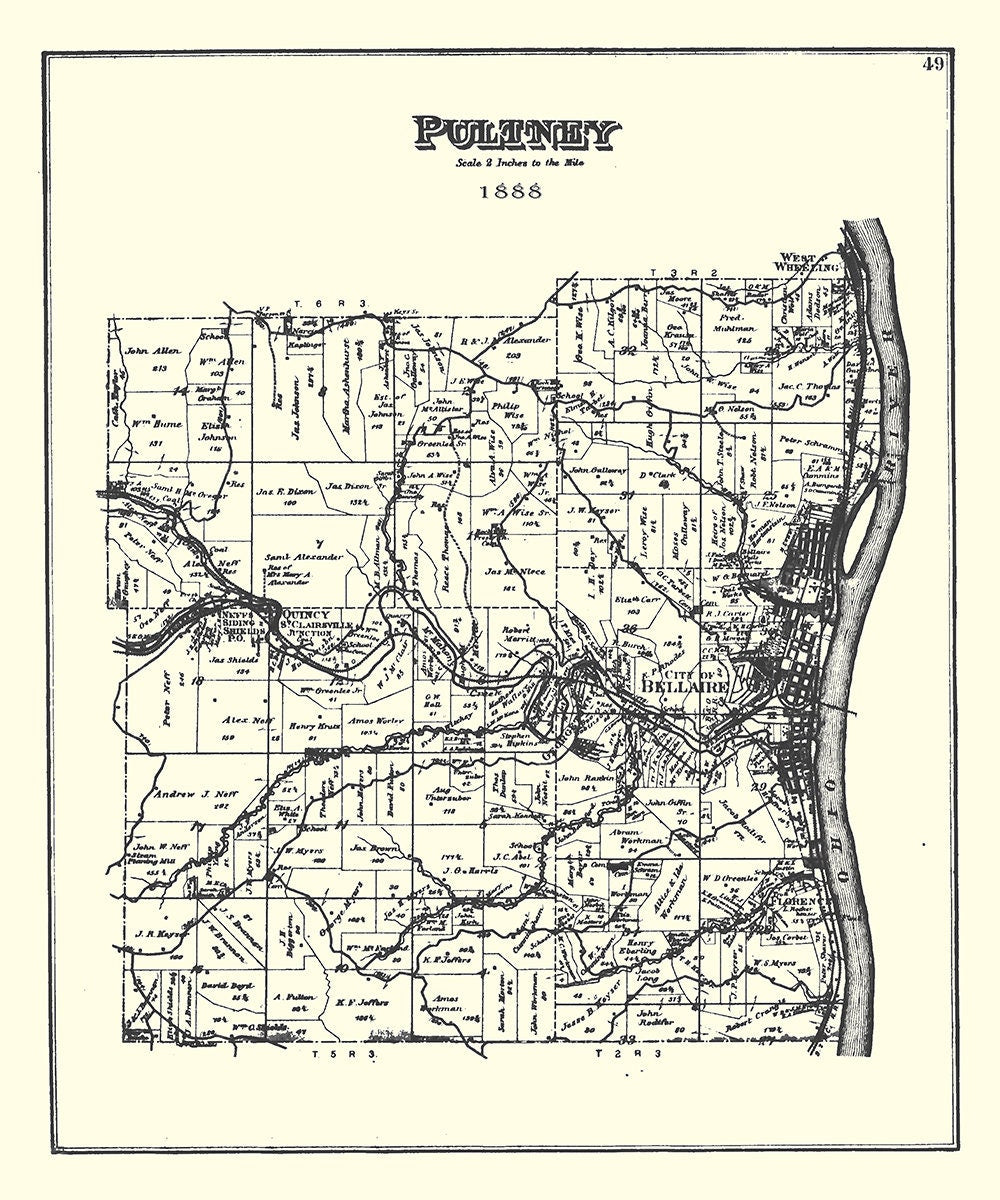 1888 Map of Pultney Township Belmont County Ohio