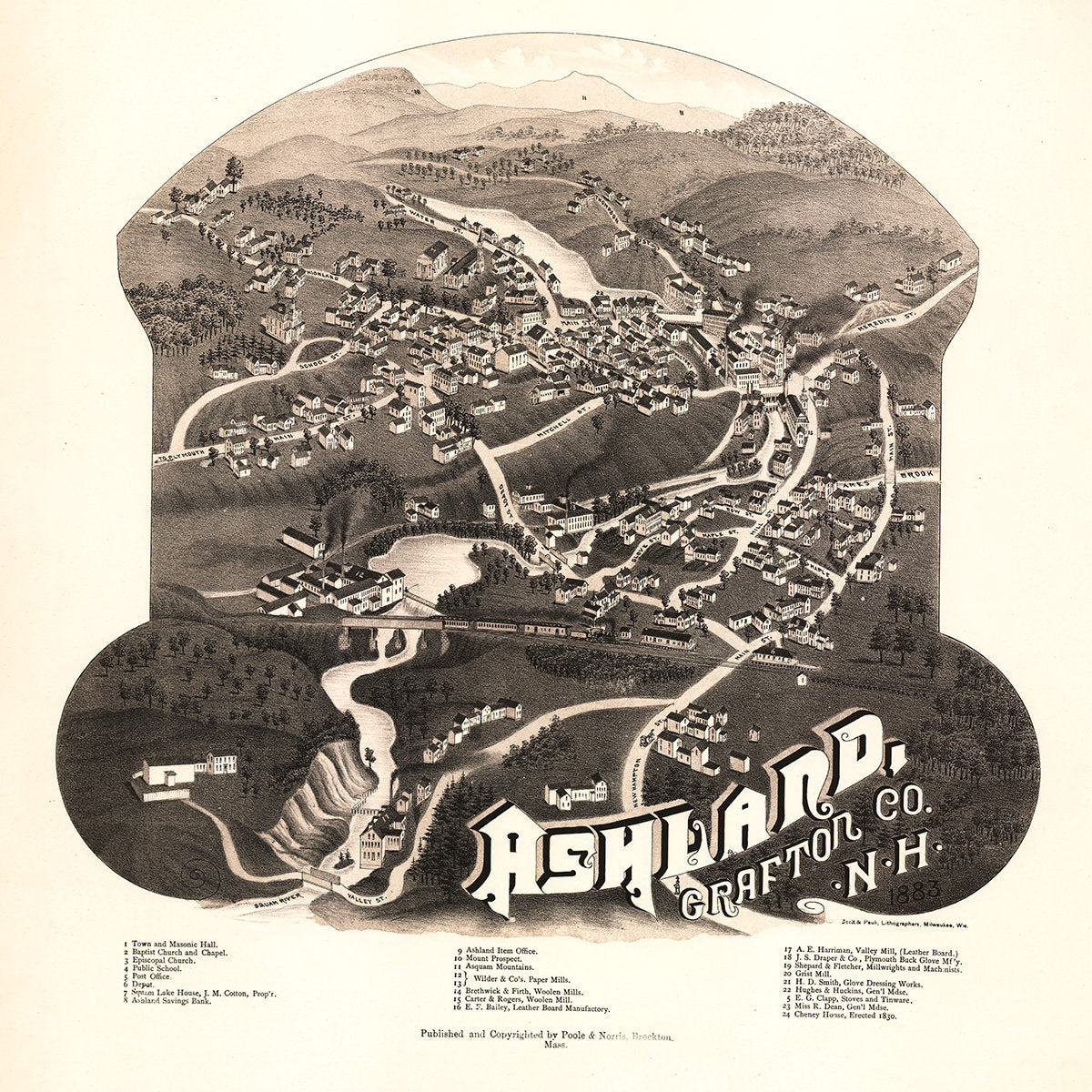 1883 Panoramic Map of Ashland Grafton County New Hampshire