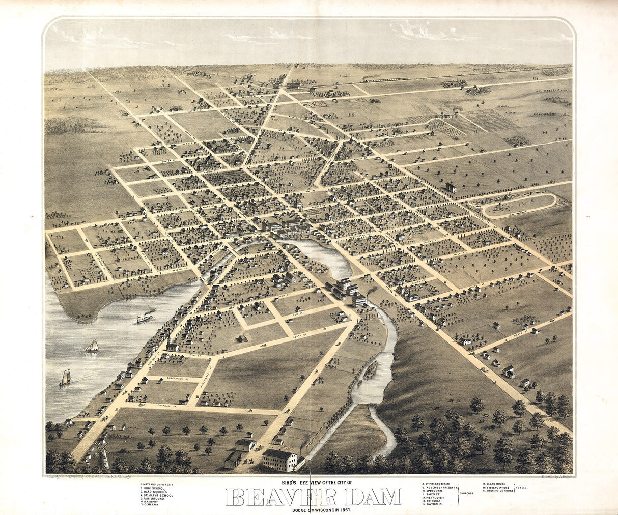 1867 Panoramic Map of Beaver Dam Dodge County Wisconsin