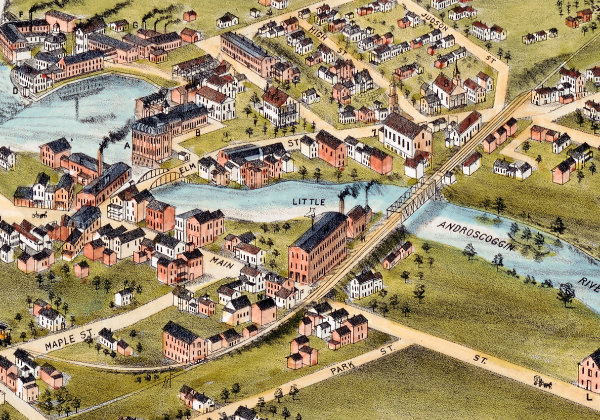 1878 Panoramic Map of Mechanic Falls Maine