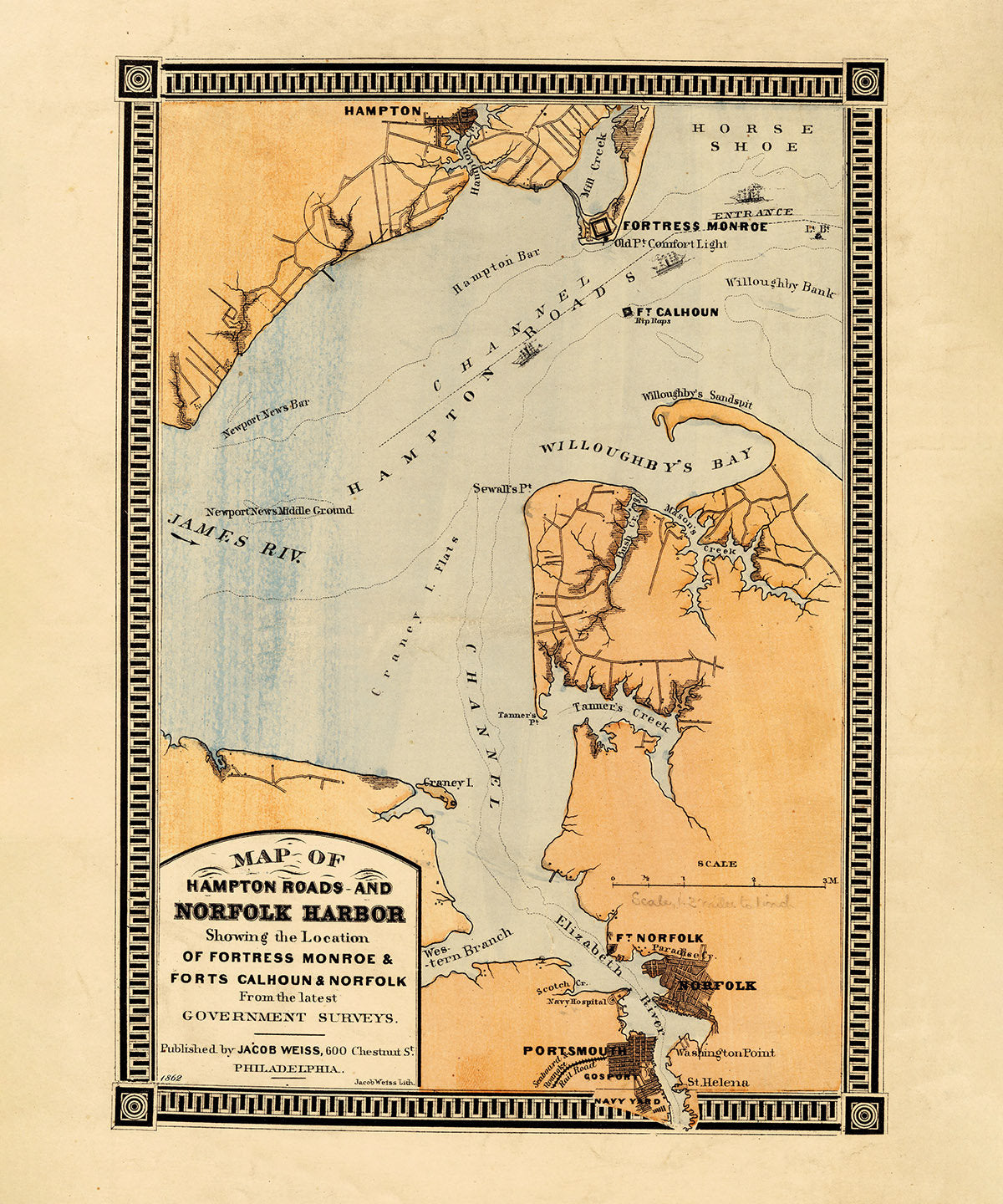 1862 Map of Hampton Roads and Norfolk Harbor Virginia