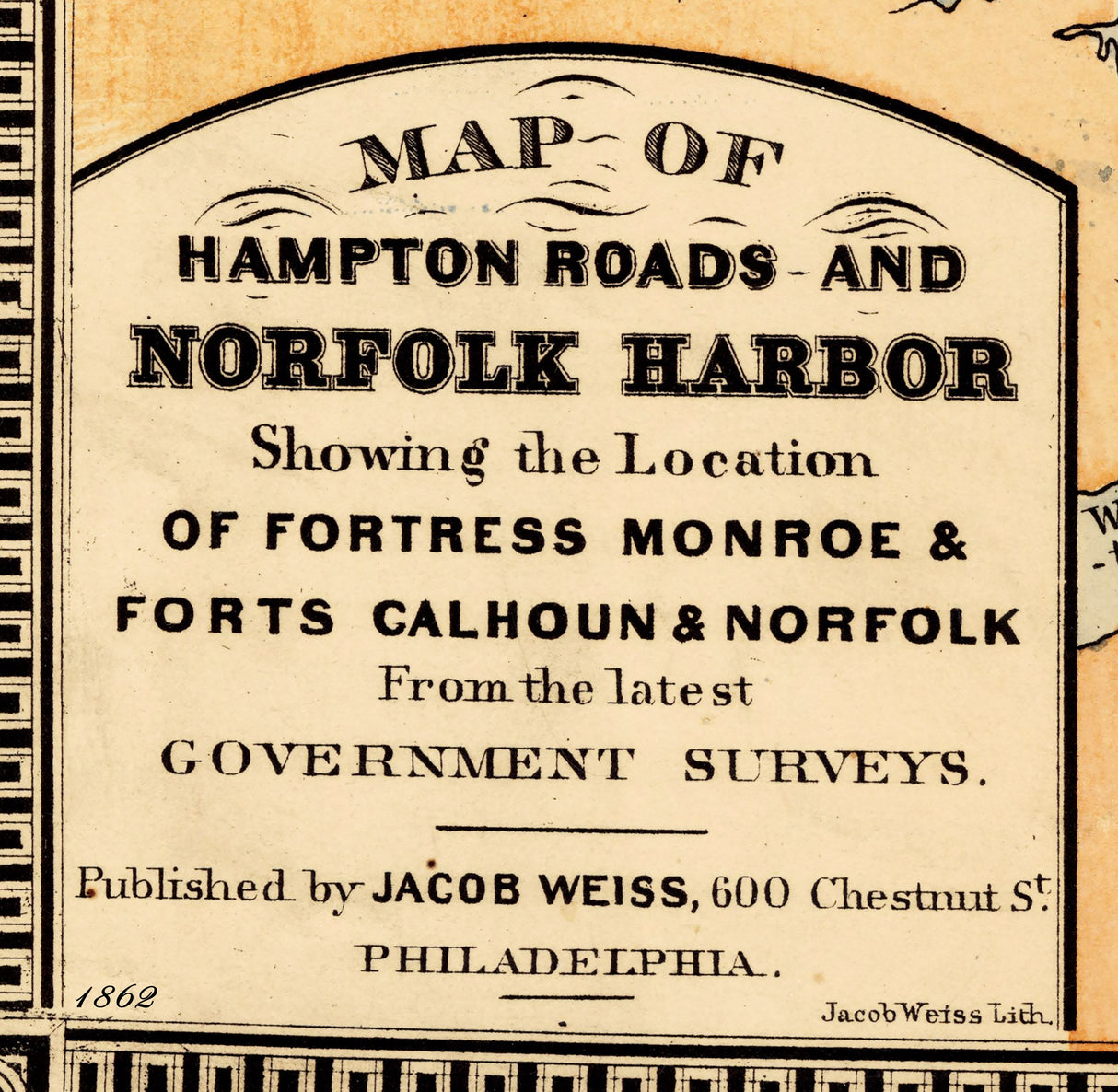 1862 Map of Hampton Roads and Norfolk Harbor Virginia