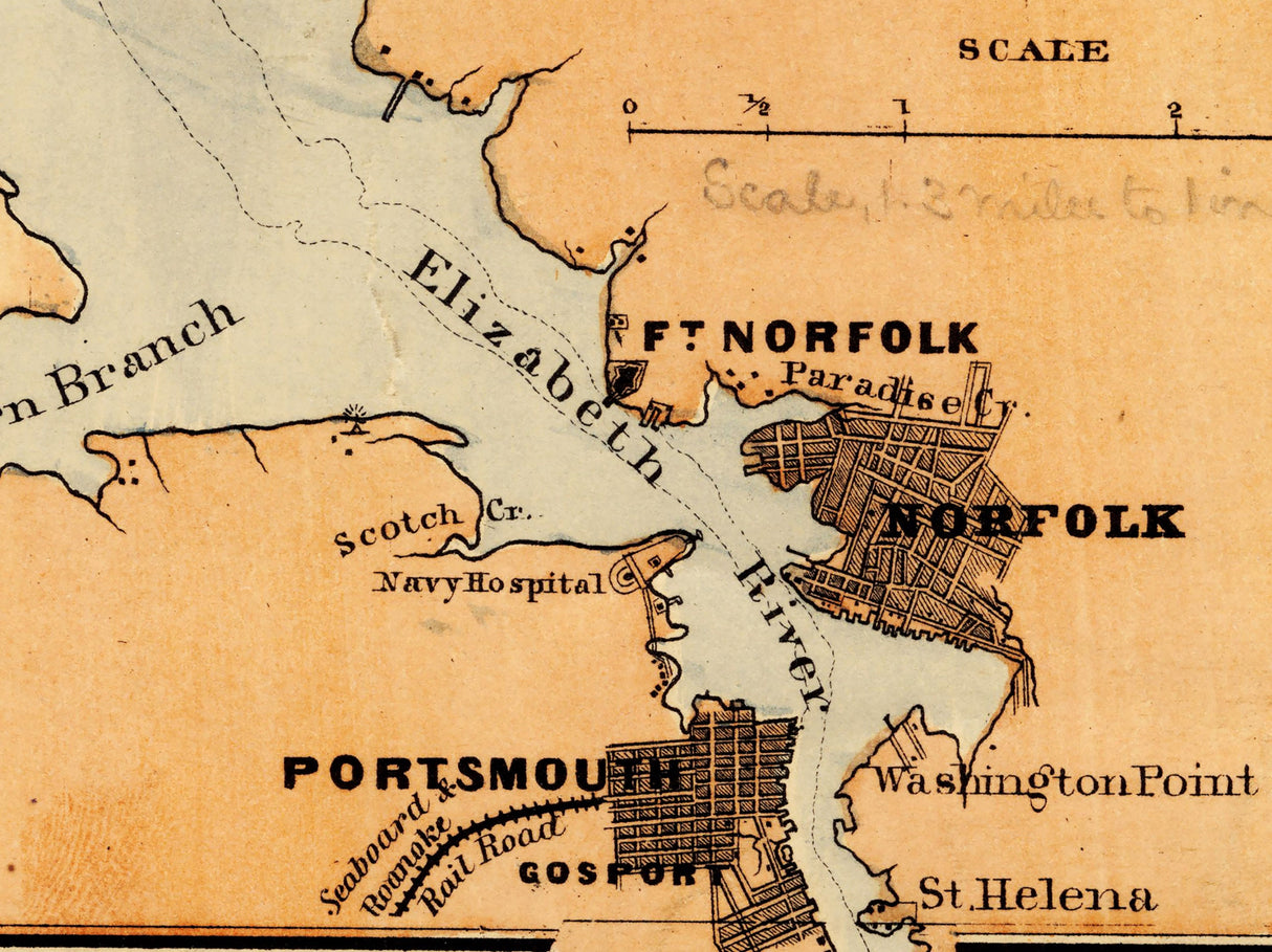 1862 Map of Hampton Roads and Norfolk Harbor Virginia