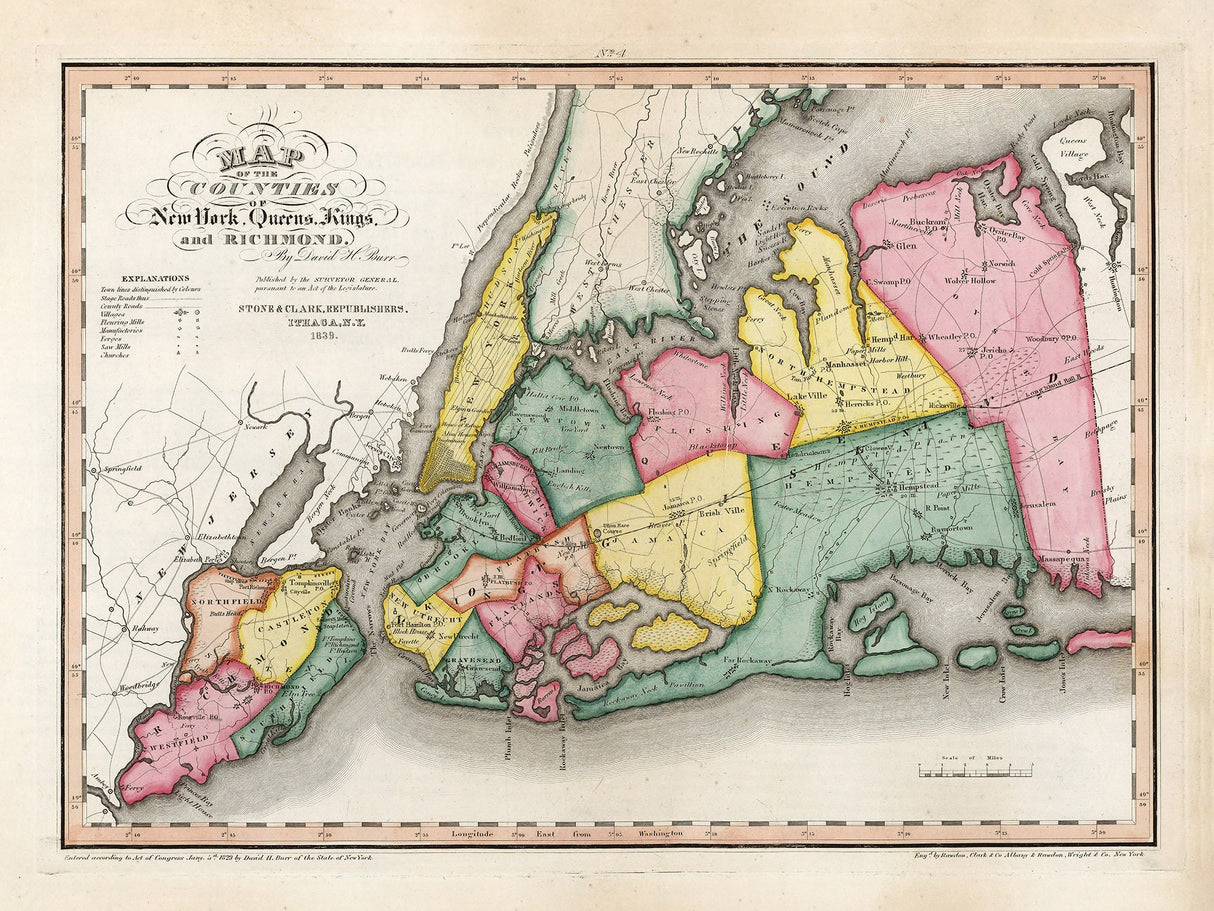 1839 Map of the Counties of New York Queens Kings and Richmond