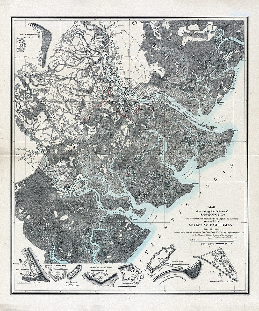 1864 Map of Savannah Georgia and Environs