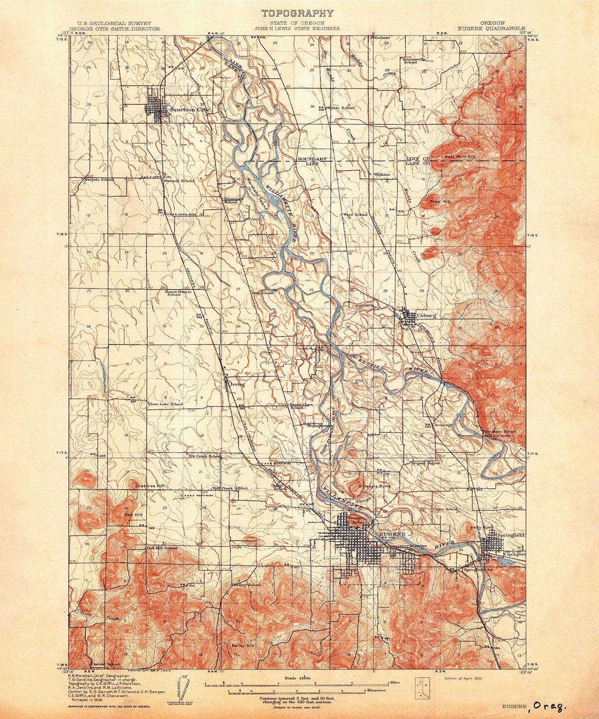 1910 Topo Map of Eugene Oregon