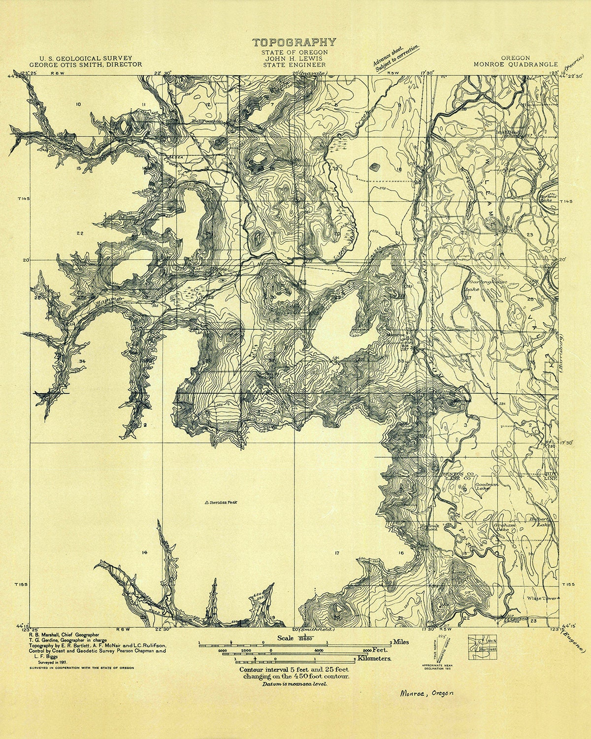 1911 Topo Map of Monroe Oregon