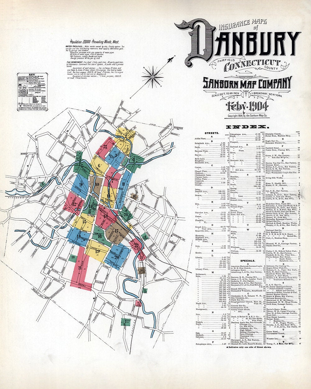 1904 Map of Danbury Fairfield County Connecticut