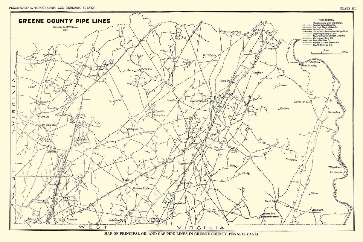 1928 Map of Greene County Pennsylvania Pipe Lines