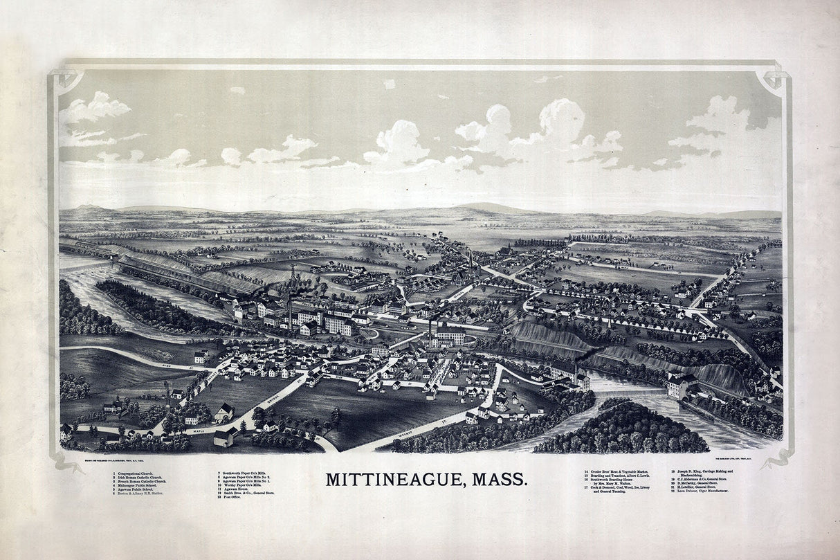 1889 Panoramic Map of Mittineague Massachusetts