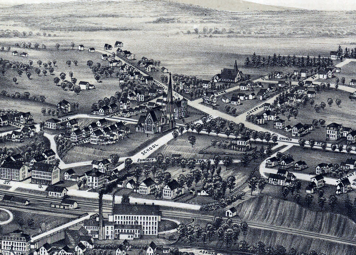 1889 Panoramic Map of Mittineague Massachusetts