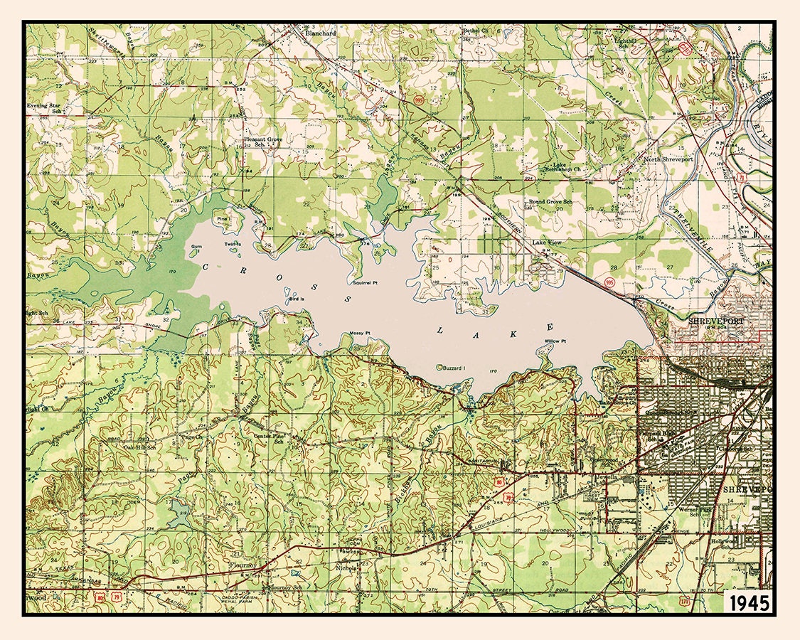 1945 Map of Cross Lake Caddo Parish Louisiana