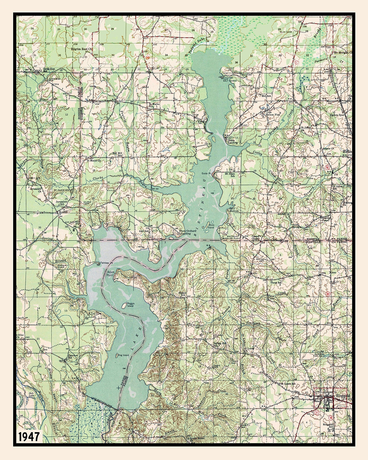 1947 Map of Lake Bistineau Louisiana Bienville Bossier and Webster Parish