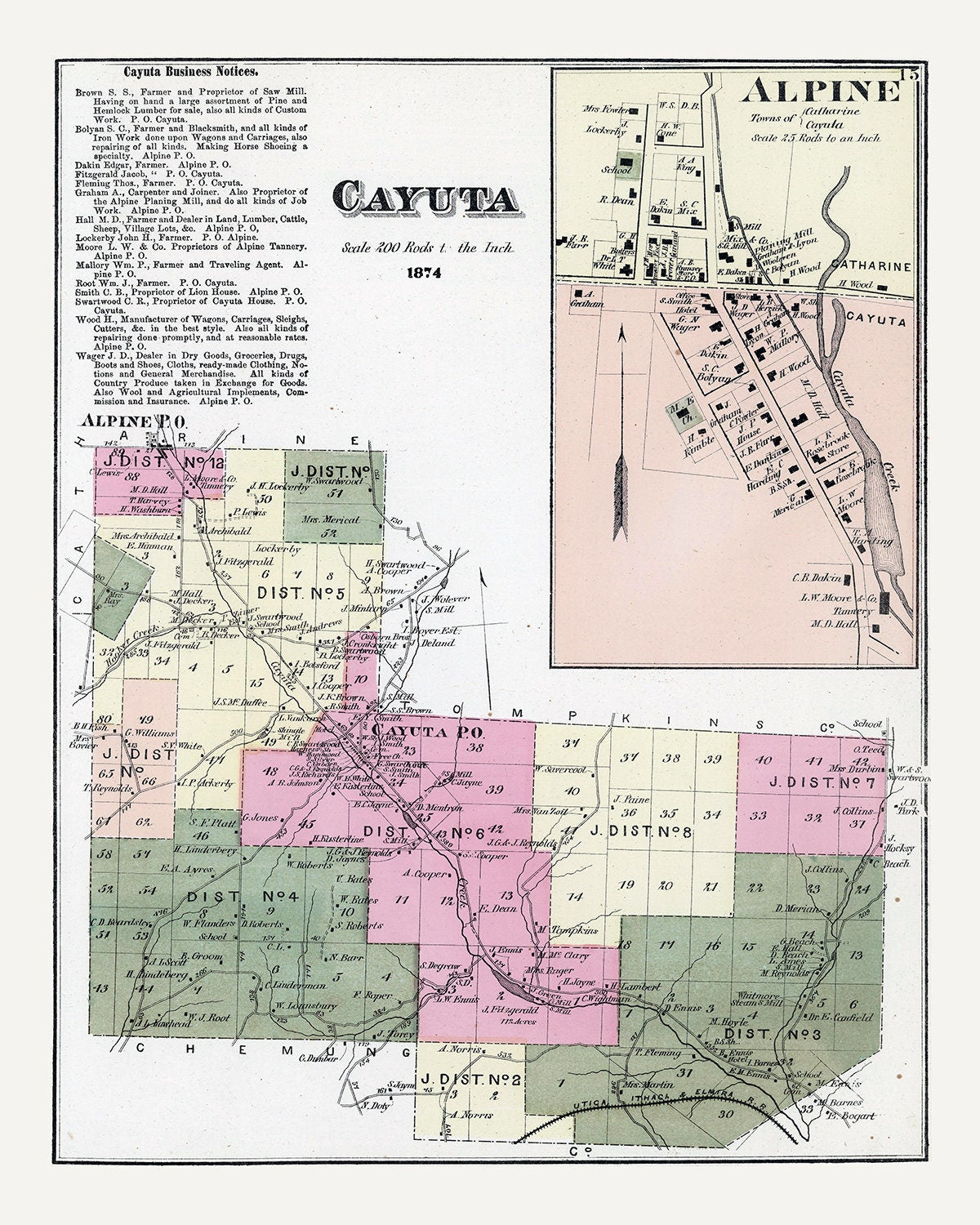 1874 Map of Cayuta Schuyler County New York