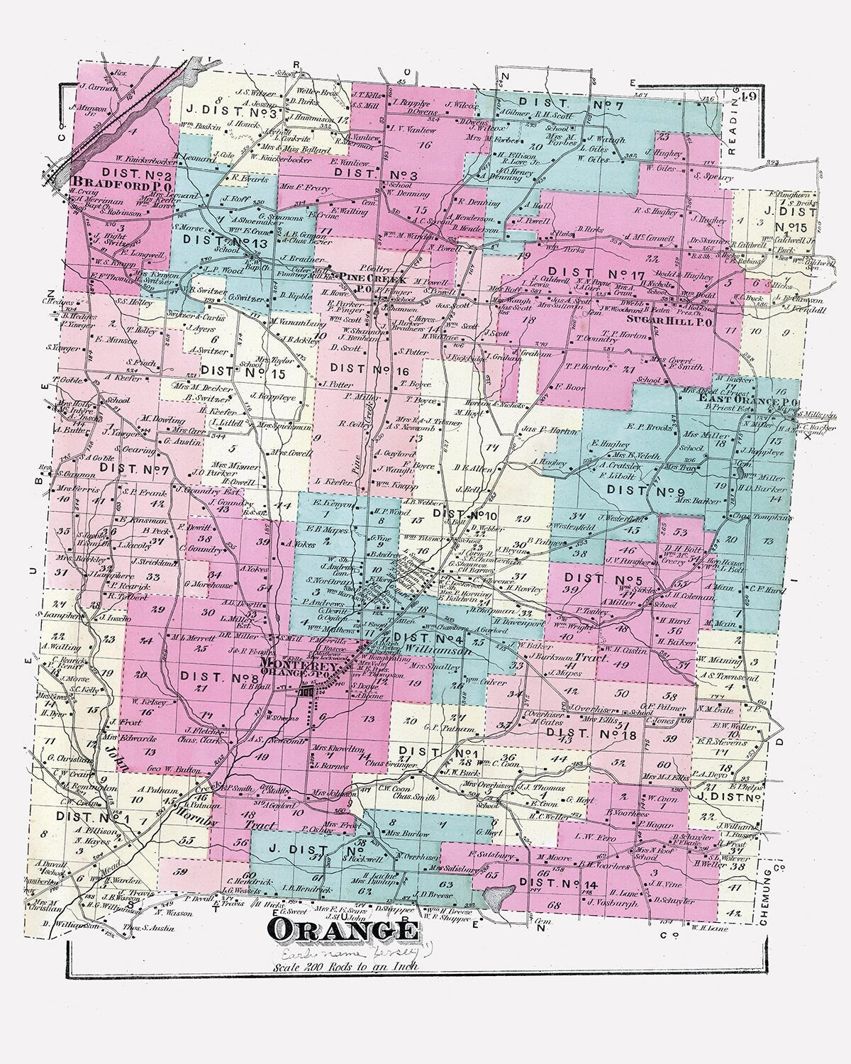 1874 Map of Orange Schuyler County New York