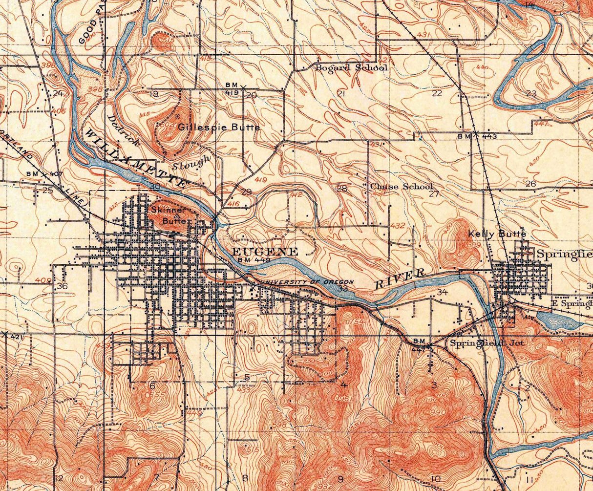 1910 Topo Map of Eugene Oregon