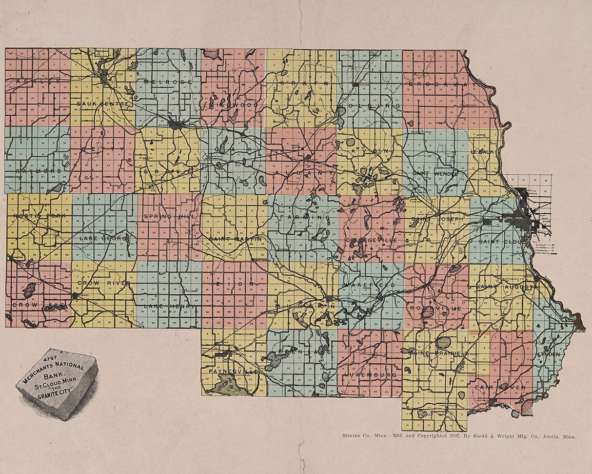 1907 Map of Stearns County Minnesota