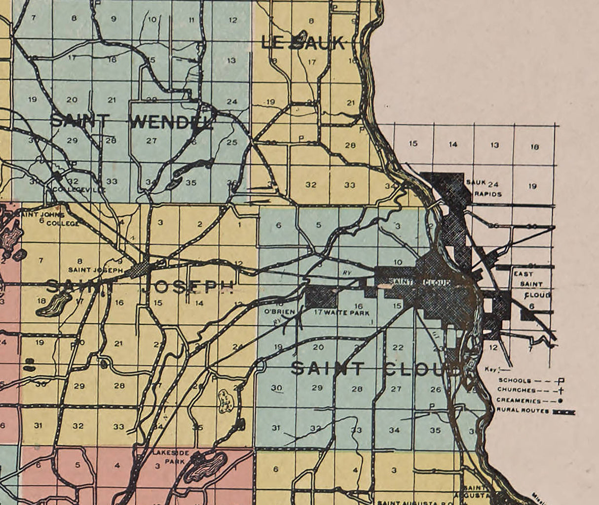 1907 Map of Stearns County Minnesota
