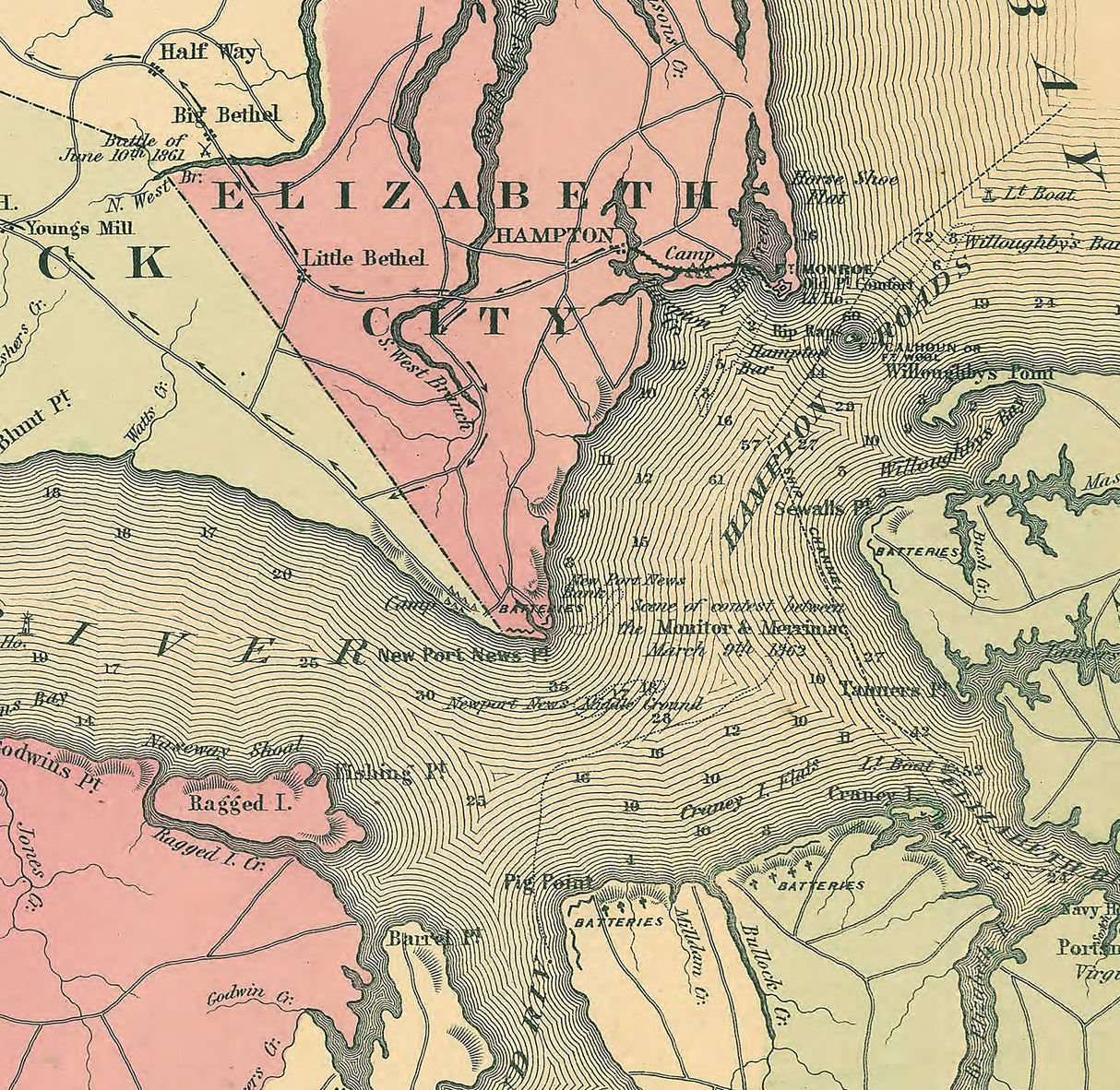 1898 Map showing Battle Field Locations of Virginia