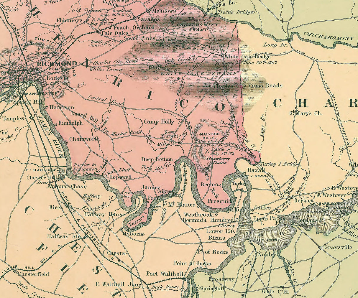 1898 Map showing Battle Field Locations of Virginia