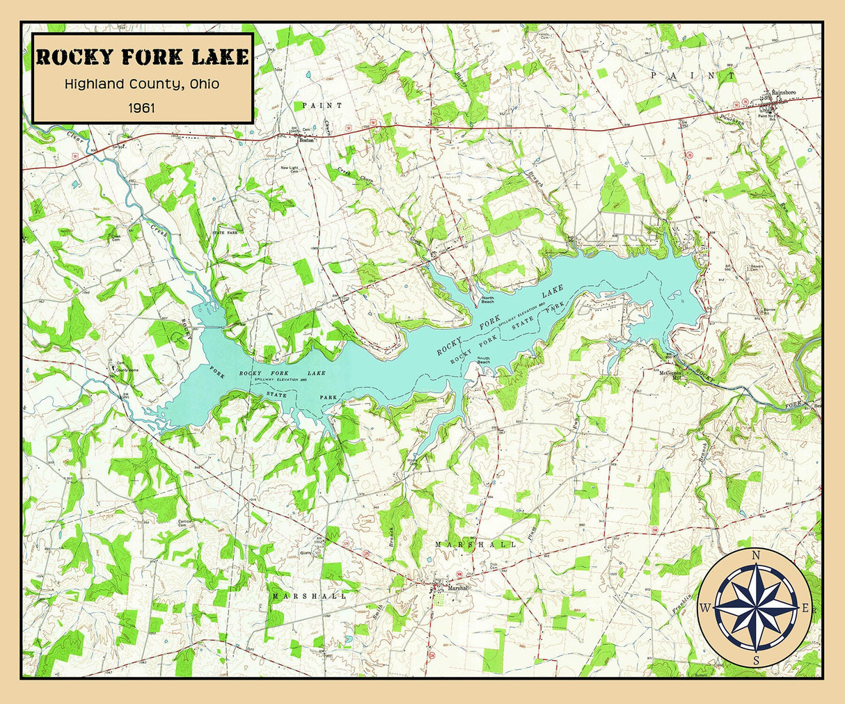 1961 Map of Rocky Fork Lake Highland County Ohio